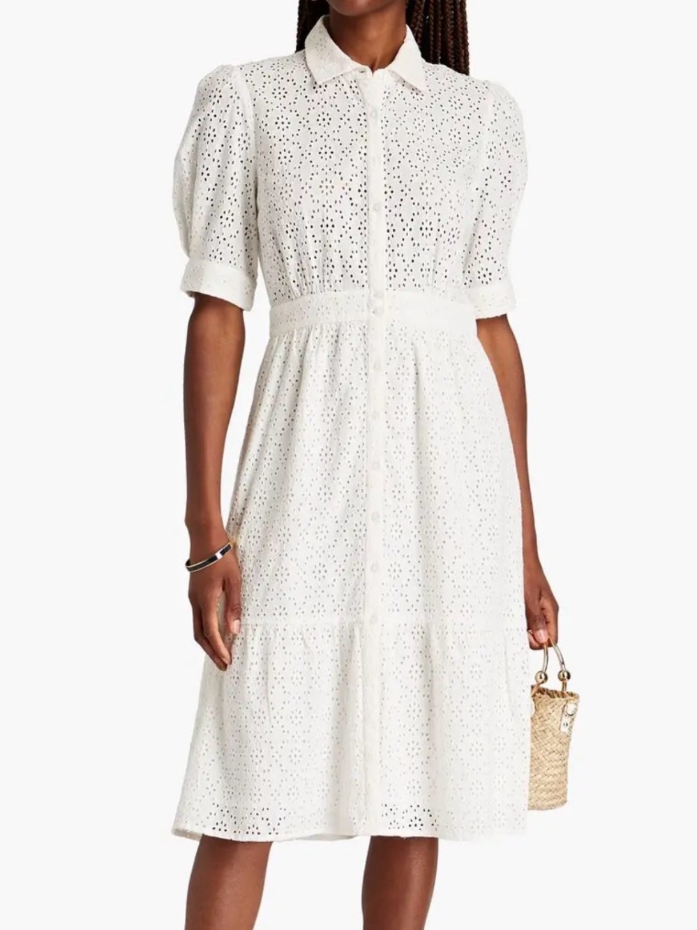 ba&sh White Eyelet Midi Shirt Dress with Puff Sleeves